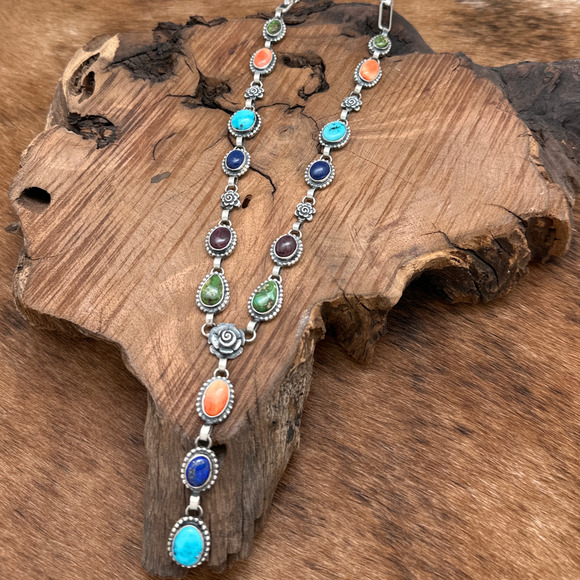 MARY ELLEN Navajo Sterling Turquoise Lapis Spiny Oyster Lariat Necklace Roses - Picture 2 of 7
